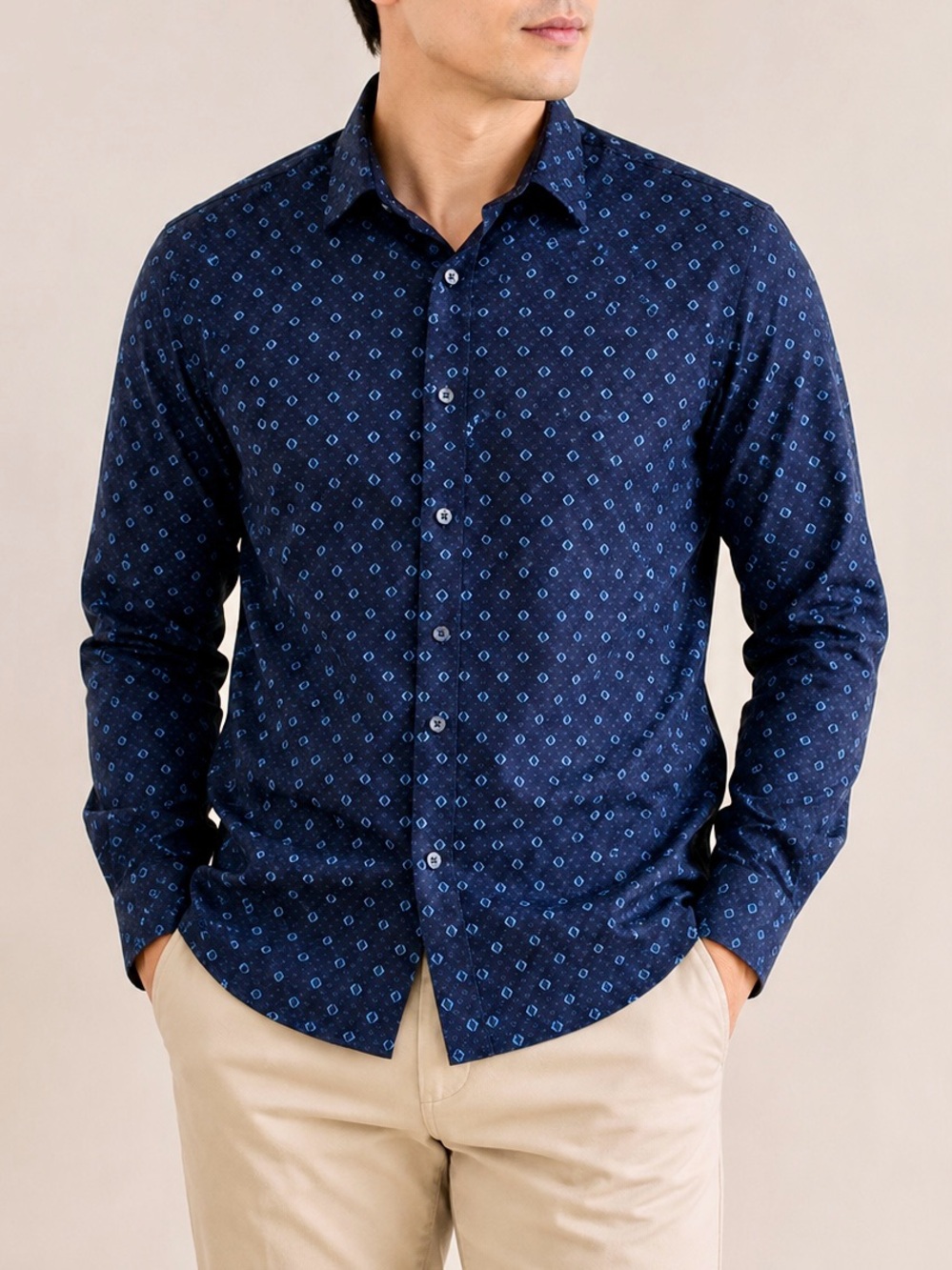 Ben Sherman Dark Navy Button-Down Shirt  Light Blue Diamond Print Cotton Size M